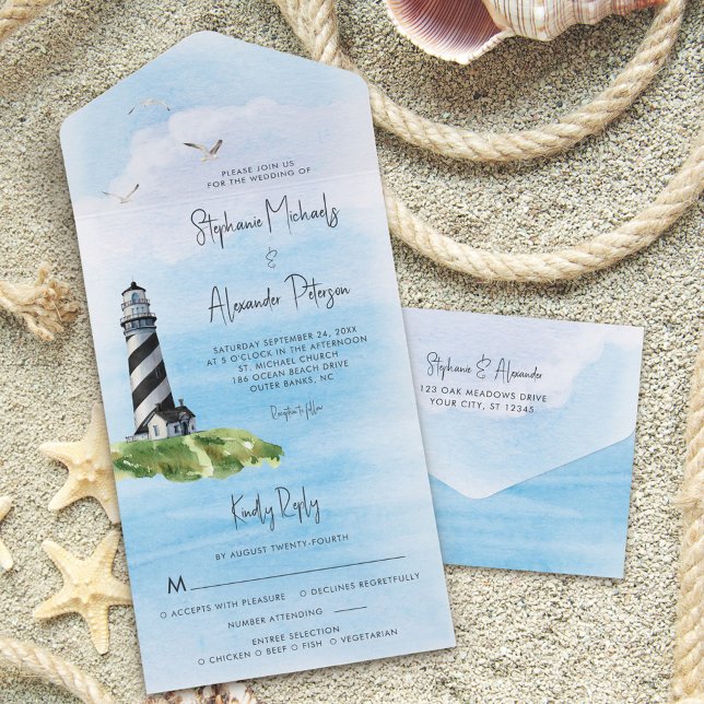 Lighthouse Watercolor Nautical Wedding All In One Invitation (Creator Uploaded)