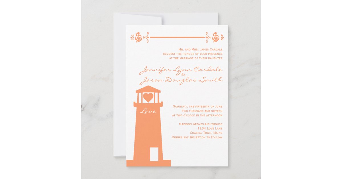 Lighthouse Wedding Venue Coral Nautical Invitation | Zazzle
