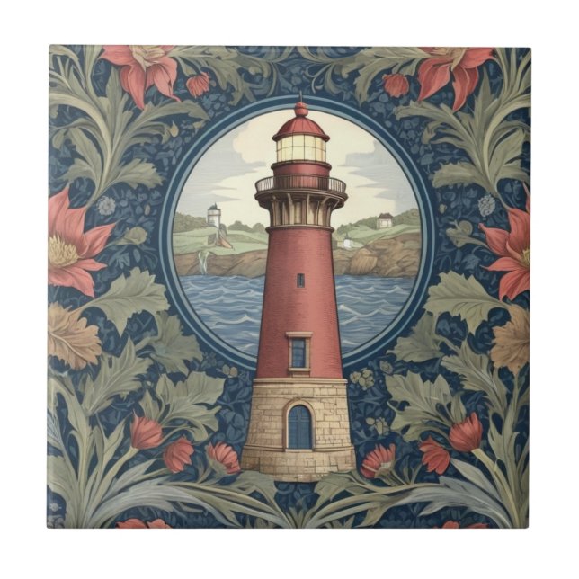 Lighthouse William Morris style ocean sea floral Ceramic Tile (Front)