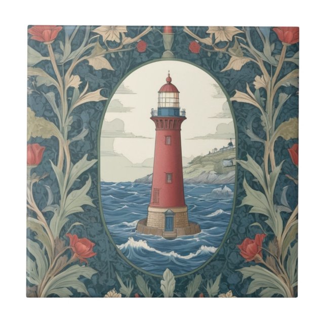 Lighthouse William Morris style ocean sea nautical Ceramic Tile (Front)