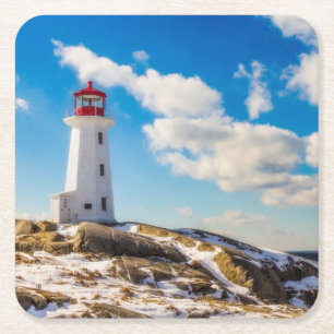 Lighthouse   Winter In Peggy'S Cove, Nova Scotia Square Paper Coaster