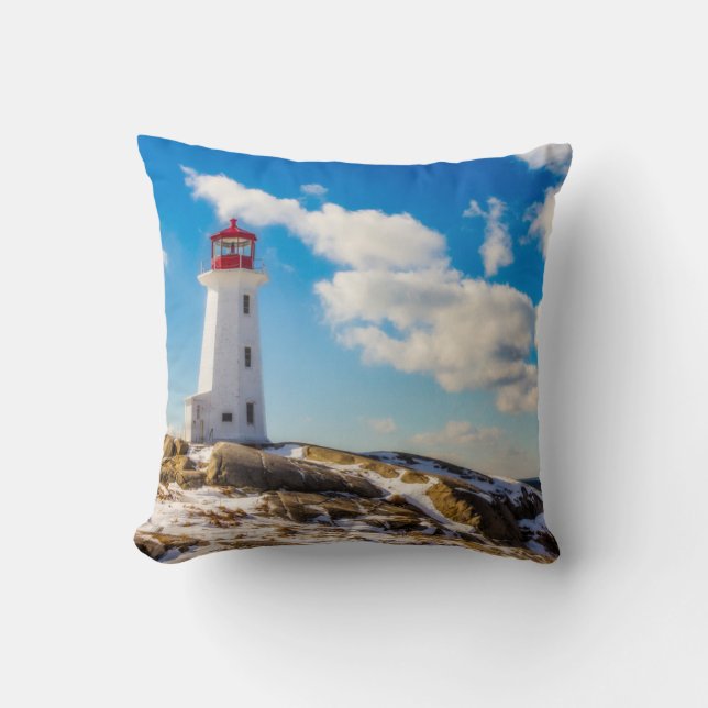 Lighthouse | Winter In Peggy'S Cove, Nova Scotia Throw Pillow (Front)