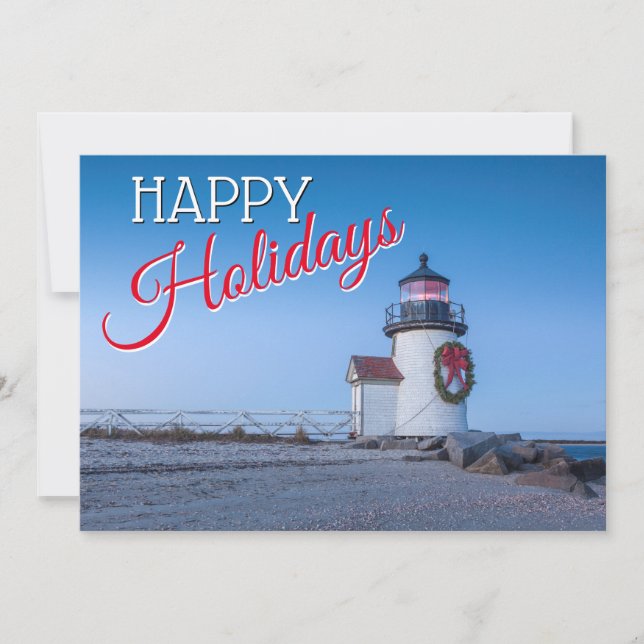 Lighthouse with a Christmas Wreath Holiday Card (Front)