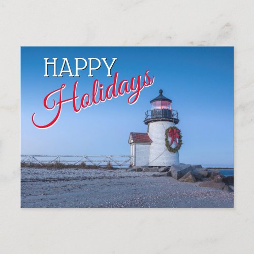 Lighthouse with a Christmas Wreath Holiday Postcard