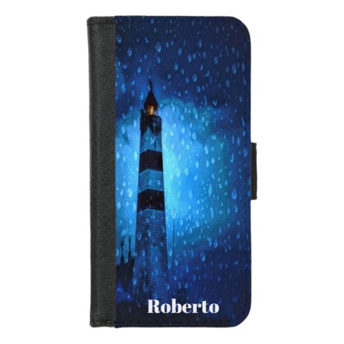 Lighthouse with drops a stormy night add name iPhone 87 wallet case
