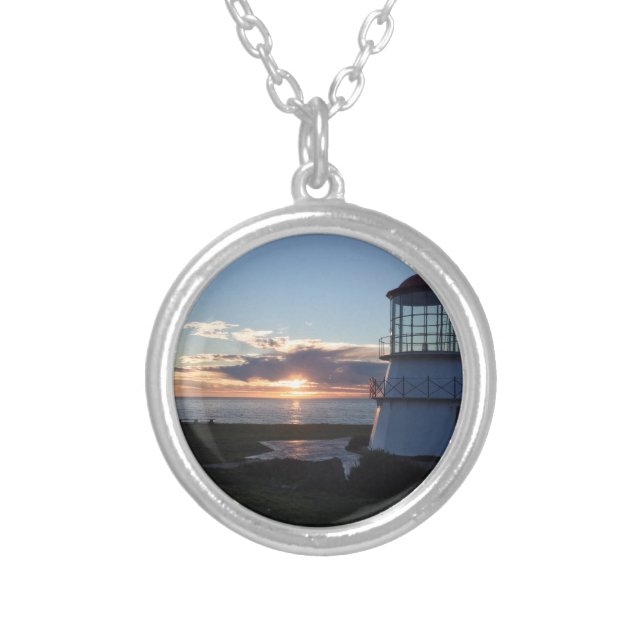 Lighthouse With Fall Sunset Lost Coast California Silver Plated Necklace (Front)