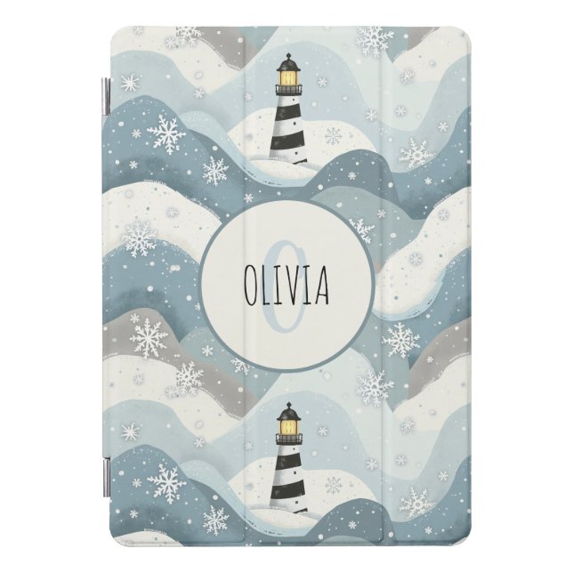Lighthouse with Icy Waves Winter Nautical Monogram iPad Pro Cover (Front)