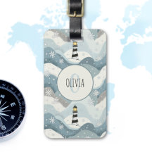 Lighthouse with Icy Waves Winter Nautical Monogram