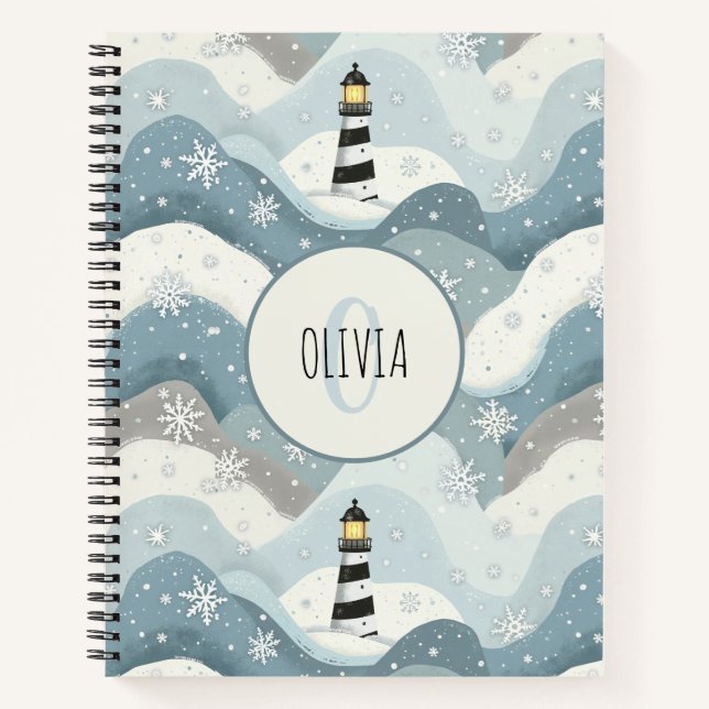 Lighthouse with Icy Waves Winter Nautical Monogram Notebook (Front)