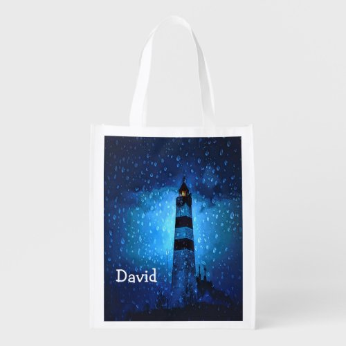 Lighthouse with raindrops a stormy night add name grocery bag