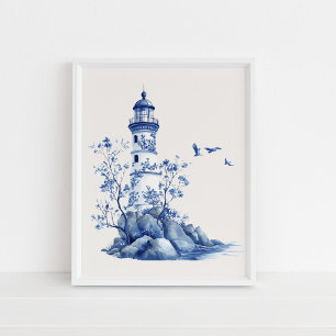 Lighthouse with Seagulls – Coastal Blue on Beige Poster