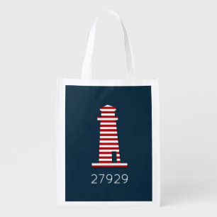 Lighthouse Zip Code Nautical Red White Blue Beach Grocery Bag