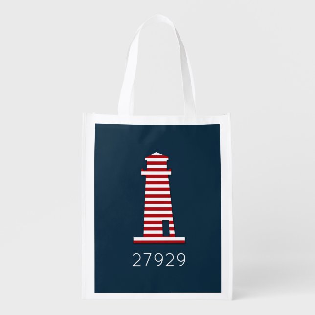 Lighthouse Zip Code Nautical Red White Blue Beach Grocery Bag (Front)