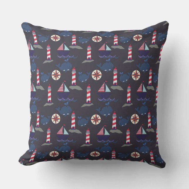 Lighthouses and Whales | Nautical Outdoor Pillow (Front)
