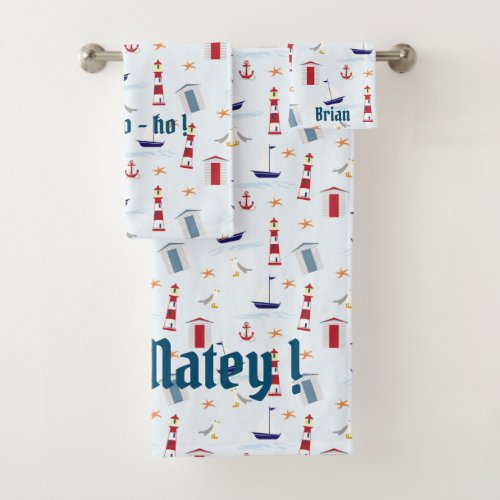 Lighthouses Boats  Flags Red White Blue Bath Towel Set