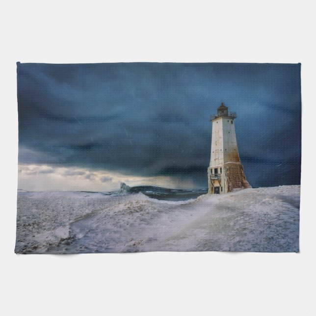 Lighthouses | Frankfort Lighthouse Lake Michigan Kitchen Towel (Horizontal)