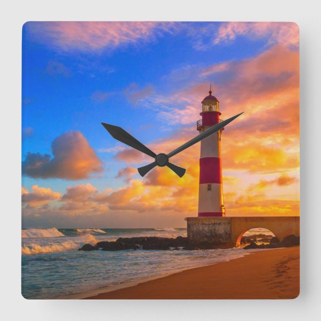 Lighthouses | Itapuã Brazil Lighthouse Square Wall Clock (Front)