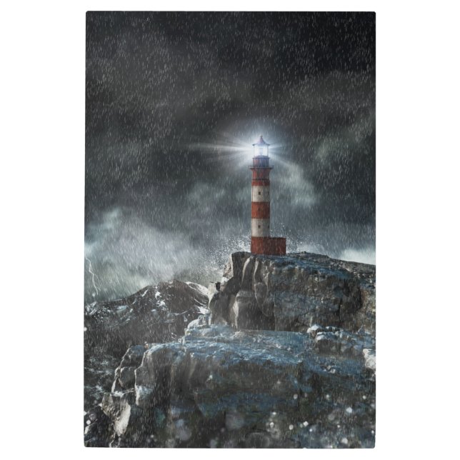 Lighthouses | Lighthouse in the Storm Metal Print (Front)