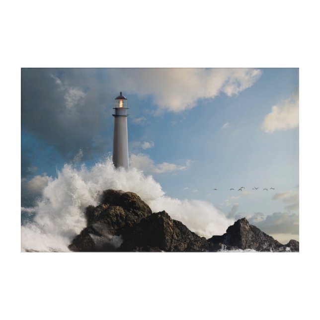 Lighthouses | Lighthouse With Crashing Waves Acrylic Print (Front)