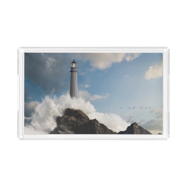 Lighthouses | Lighthouse With Crashing Waves Acrylic Tray (Front)