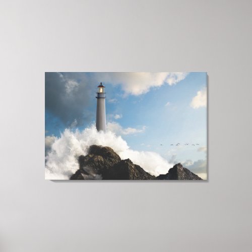 Lighthouses  Lighthouse With Crashing Waves Canvas Print