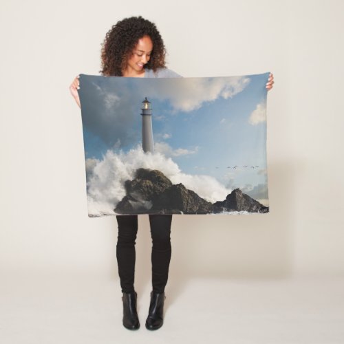 Lighthouses  Lighthouse With Crashing Waves Fleece Blanket