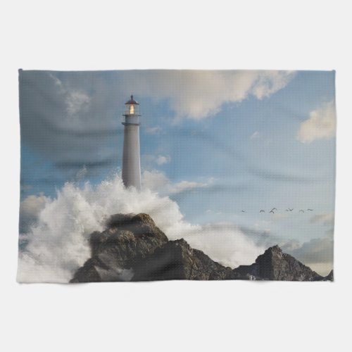 Lighthouses  Lighthouse With Crashing Waves Kitchen Towel