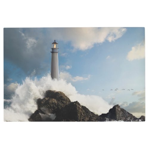 Lighthouses  Lighthouse With Crashing Waves Metal Print