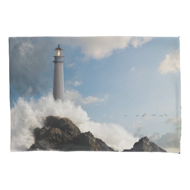 Lighthouses | Lighthouse With Crashing Waves Pillow Case (Front)