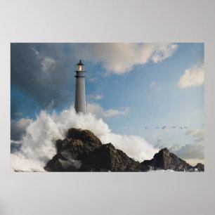 Lighthouses   Lighthouse With Crashing Waves Poster