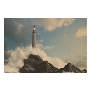 Lighthouses   Lighthouse With Crashing Waves Wood Wall Art