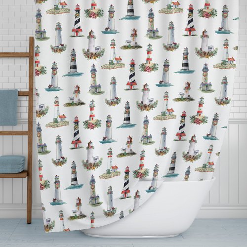 Lighthouses Nautical Coastal Christmas  Shower Curtain