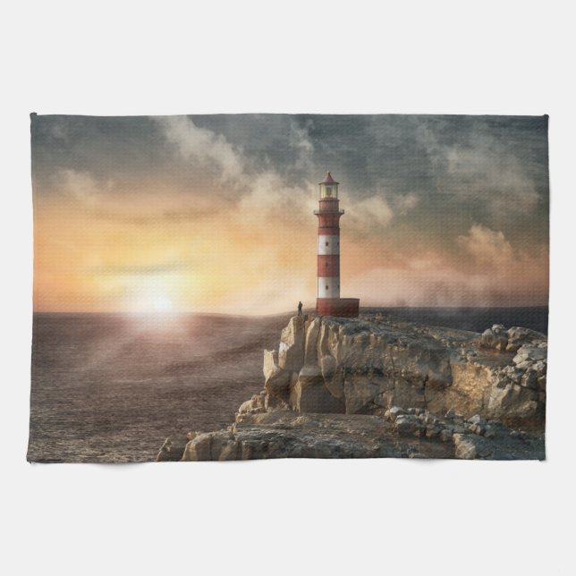 Lighthouses | Red & White Lighthouse Kitchen Towel (Horizontal)