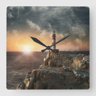 Lighthouses   Red & White Lighthouse Square Wall Clock