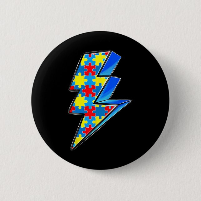 Lighting Bolt Puzzle Autism Awareness Day Support  Button (Front)