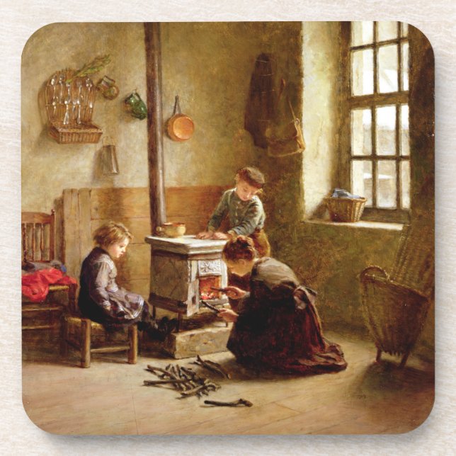 Lighting the Stove, 1886 (oil on panel) Beverage Coaster (Front)