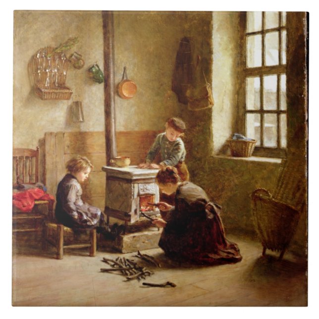 Lighting the Stove, 1886 (oil on panel) Ceramic Tile (Front)