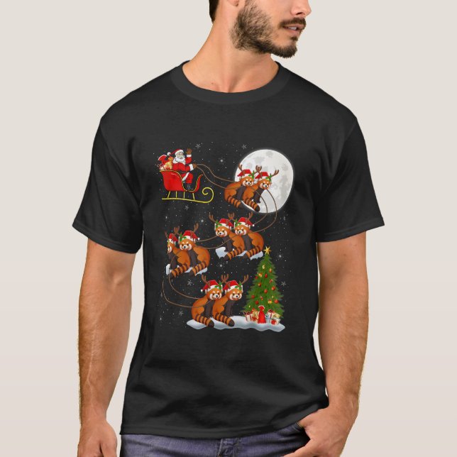 Lighting Tree Santa Riding Red Panda T-Shirt (Front)
