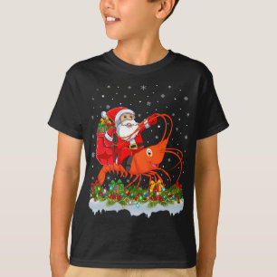 Lighting Xmas Funny Santa Claus Riding Shrimp Fish T-Shirt