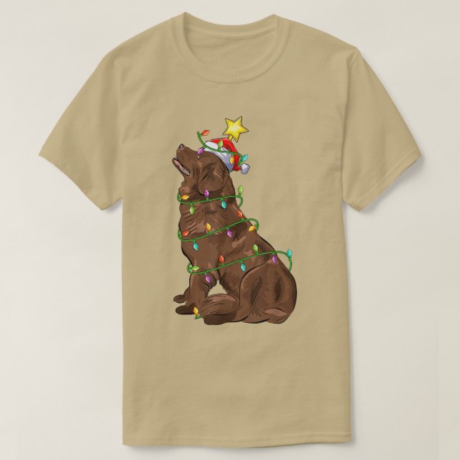 Lighting Xmas Tree Matching Santa Newfoundland Dog T-Shirt (Design Front)