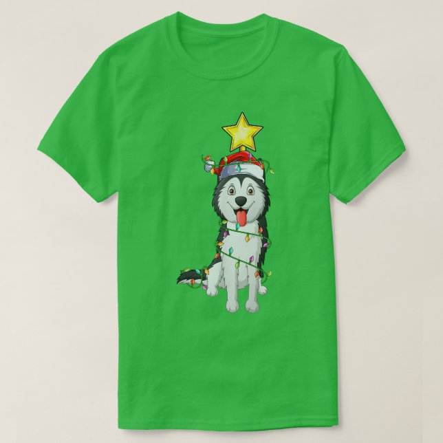 Lighting Xmas Tree Matching Santa Siberian Husky C T-Shirt (Design Front)