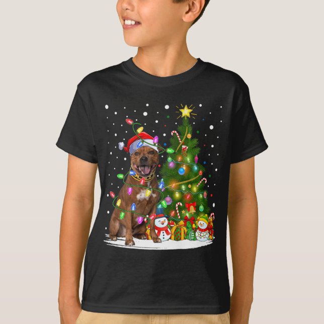 Lighting Xmas Tree Staffordshire Bull Terrier Dog  T-Shirt (Front)