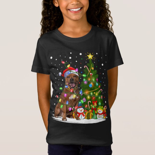 Lighting Xmas Tree Staffordshire Bull Terrier Dog  T-Shirt (Front)
