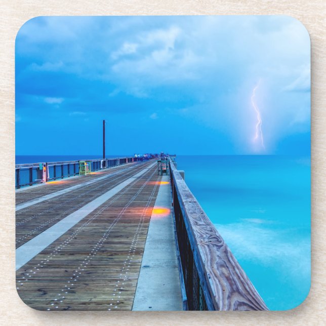 Lightning At Navarre Beach Pier Beverage Coaster (Front)