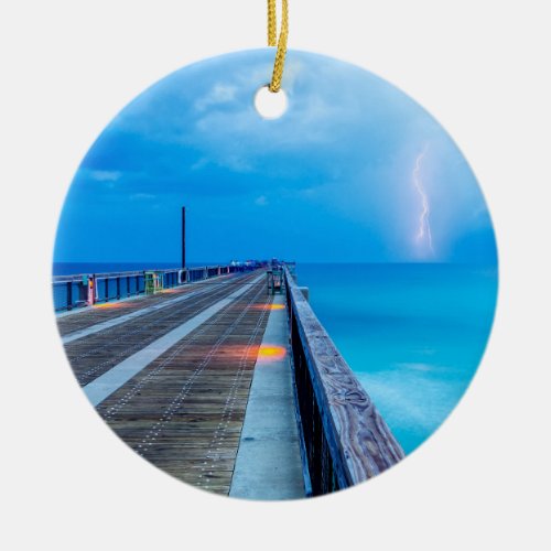 Lightning At Navarre Beach Pier Ceramic Ornament