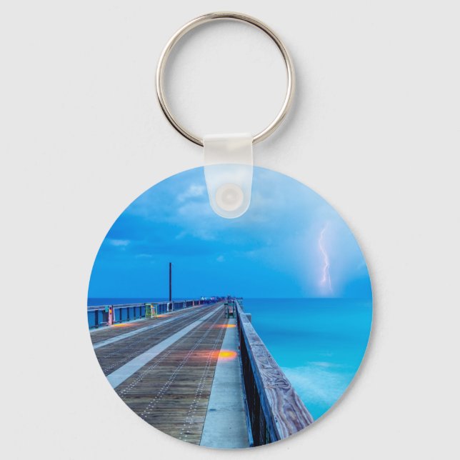 Lightning At Navarre Beach Pier Keychain (Front)