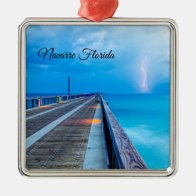 Lightning At Navarre Beach Pier Ornament (Front)