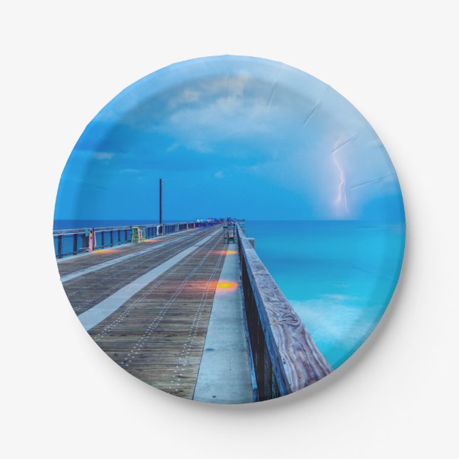 Lightning At Navarre Beach Pier Paper Plates (Front)