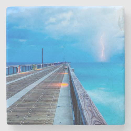 Lightning At Navarre Beach Pier Stone Coaster