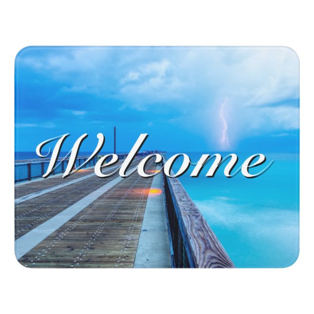 Lightning At Navarre Beach Pier Welcome Door Sign (Contemporary Front)